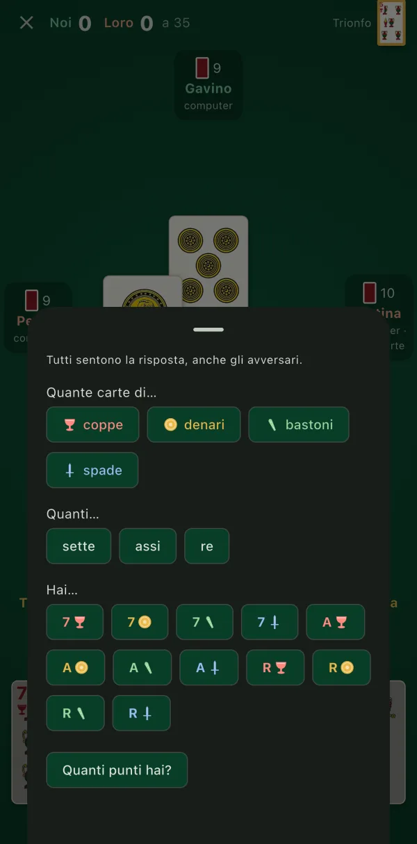 Le domande al compagno: quante carte di un seme, quali carte, quanti punti