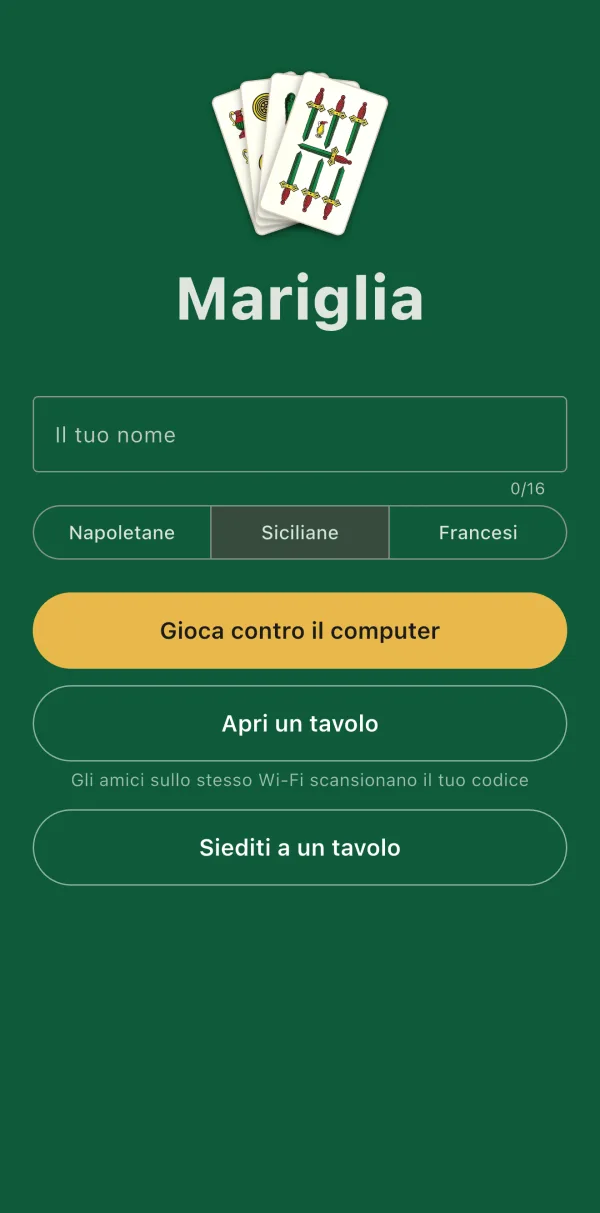La schermata iniziale, con la scelta delle carte